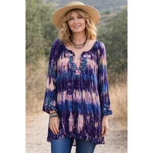 FAITH Women's Tie Dye Floral Embroidered Tunic Boho Bohemian Large EUC